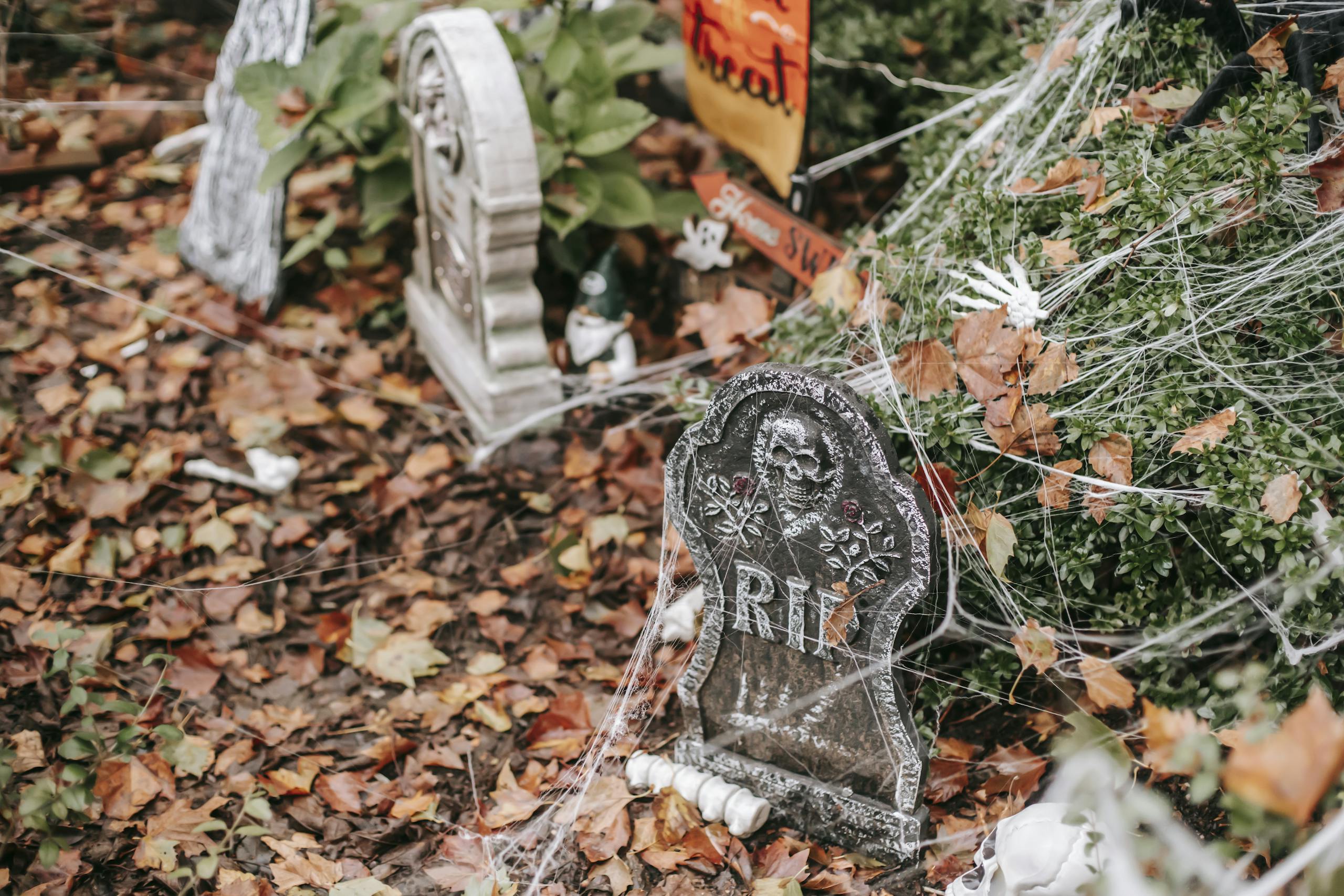 Fake graves covered in web with bones lying around near signs trick or treat and home sweet home on Halloween in autumn day